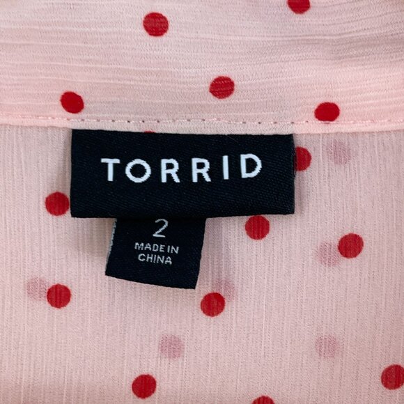 Torrid Womens Plus 2X Pink Polka Dot Tie Neck Blouse Long Sleeve Shirt Top - Picture 3 of 10
